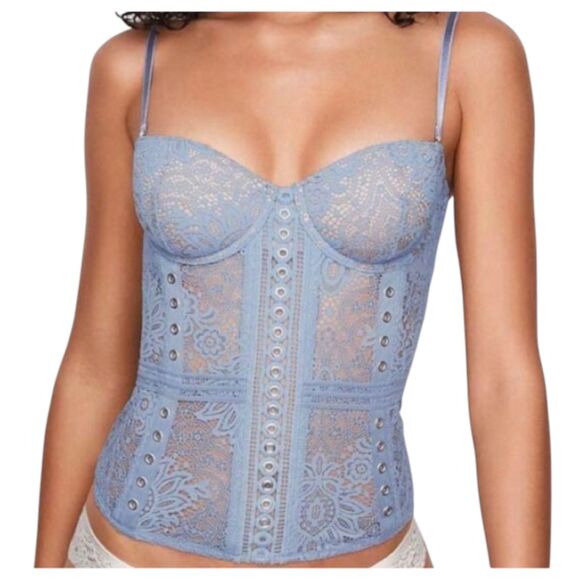 Victoria's Secret Blue Lace Semi Sheer Grommet Bustier Corset Top Size 34C - Picture 3 of 7